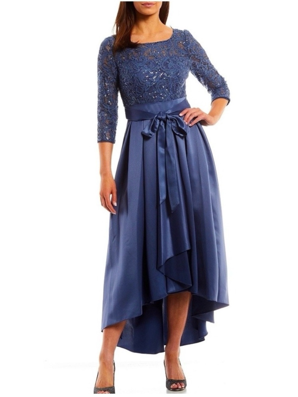 Alex Evenings Navy Lace Bodice High-Low Chiffon Dress with Sash
